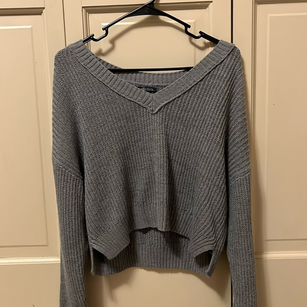 dark gray cropped off the shoulder sweater